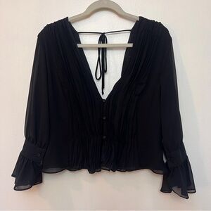 Black V-Neck Tie-Back Ruffle Cuff Blouse